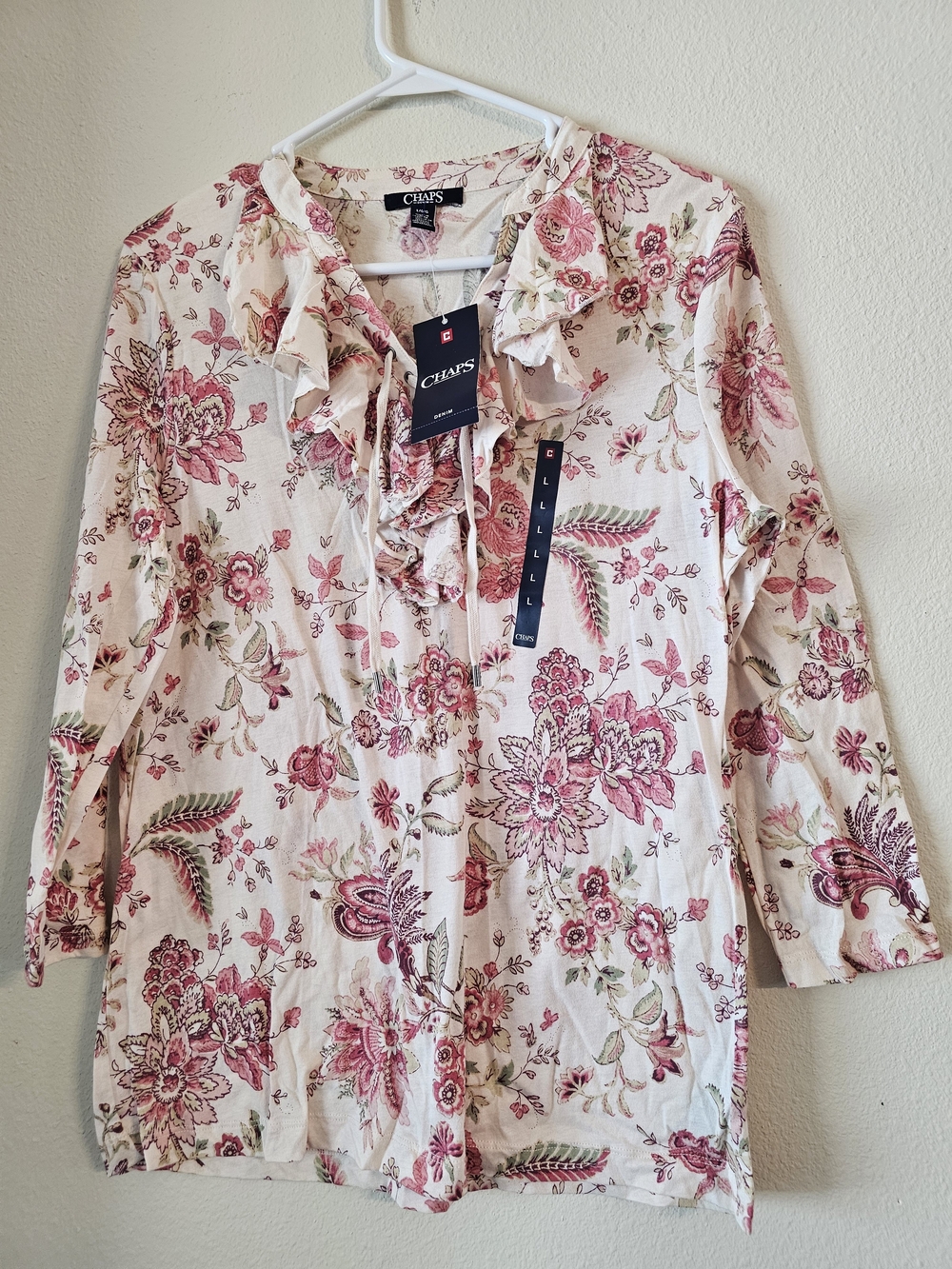 Chaps Women's Floral Ruffle-Front Blouse in Pink Cream